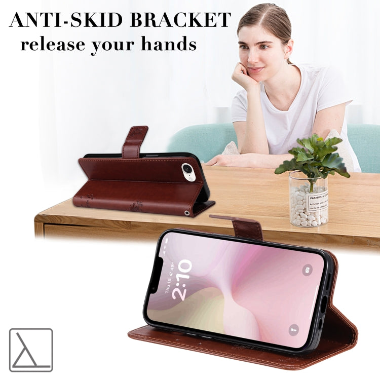 For iPhone 16e Tree & Cat Embossed Pattern Flip Leather Phone Case(Coffee) by bashfashion