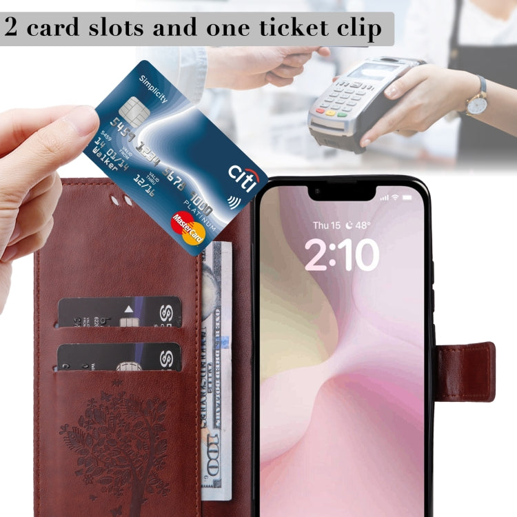 For iPhone 16e Tree & Cat Embossed Pattern Flip Leather Phone Case(Coffee) by bashfashion