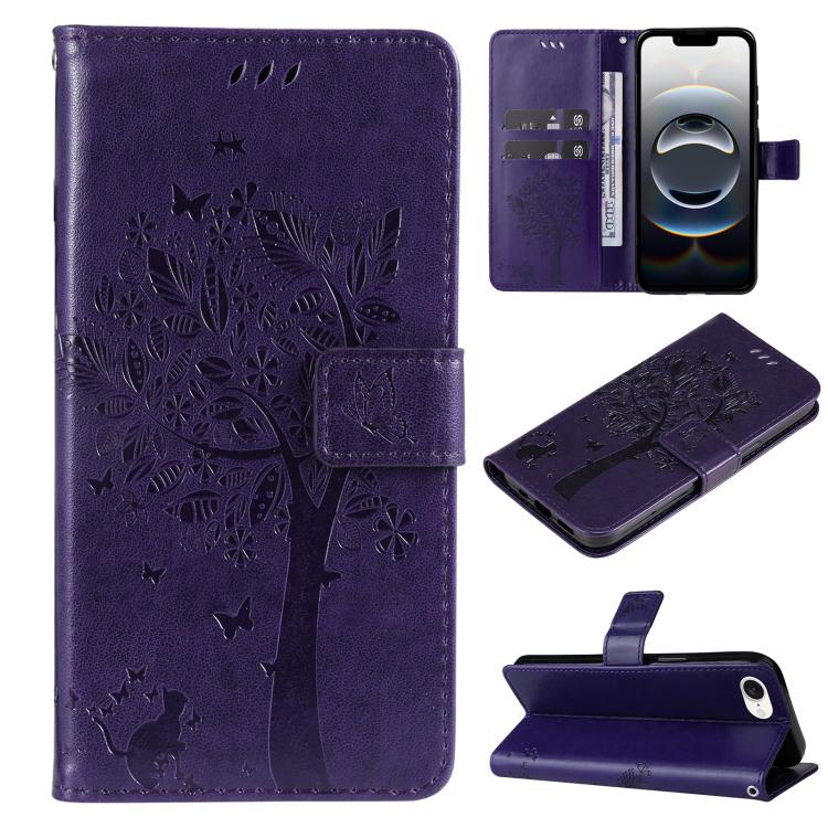 For iPhone 16e Tree & Cat Embossed Pattern Flip Leather Phone Case(Purple) by bashfashion