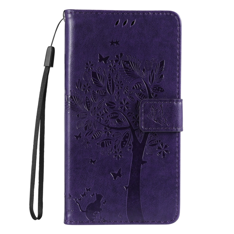 For iPhone 16e Tree & Cat Embossed Pattern Flip Leather Phone Case(Purple) by bashfashion