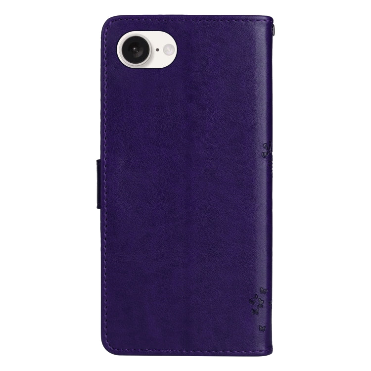 For iPhone 16e Tree & Cat Embossed Pattern Flip Leather Phone Case(Purple) by bashfashion