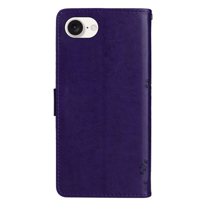 For iPhone 16e Tree & Cat Embossed Pattern Flip Leather Phone Case(Purple) by bashfashion