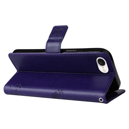 For iPhone 16e Tree & Cat Embossed Pattern Flip Leather Phone Case(Purple) by bashfashion
