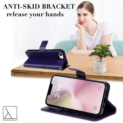 For iPhone 16e Tree & Cat Embossed Pattern Flip Leather Phone Case(Purple) by bashfashion