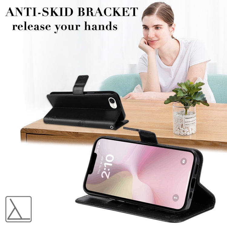 For iPhone 16e Tree & Cat Embossed Pattern Flip Leather Phone Case(Black) by bashfashion