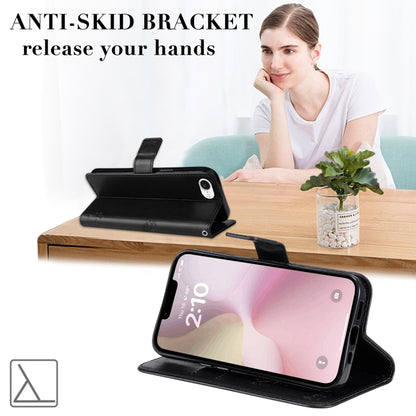 For iPhone 16e Tree & Cat Embossed Pattern Flip Leather Phone Case(Black) by bashfashion