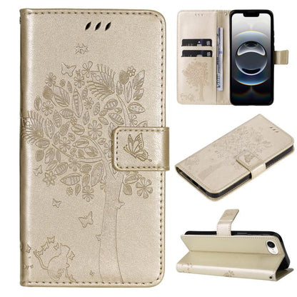 For iPhone 16e Tree & Cat Embossed Pattern Flip Leather Phone Case(Gold) by bashfashion