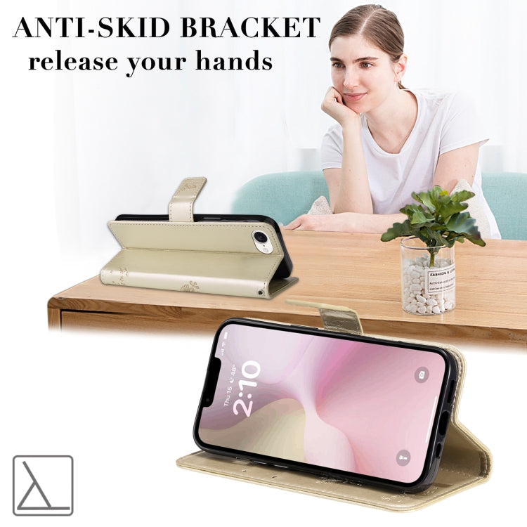 For iPhone 16e Tree & Cat Embossed Pattern Flip Leather Phone Case(Gold) by bashfashion