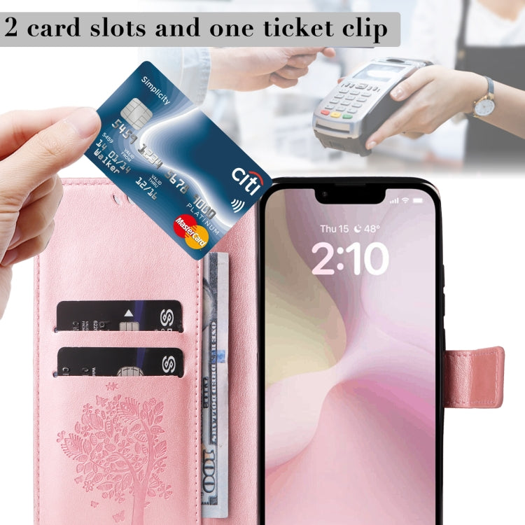 For iPhone 16e Tree & Cat Embossed Pattern Flip Leather Phone Case(Rose Gold) by bashfashion