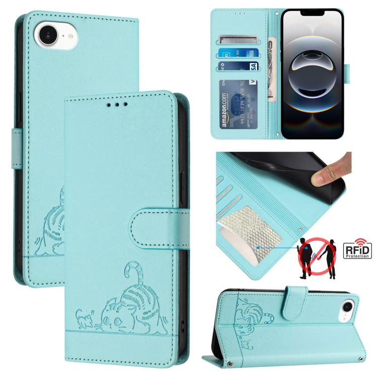 For iPhone SE 2024 Cat Rat Embossed Pattern RFID Leather Phone Case with Lanyard(Mint Green) by bashfashion