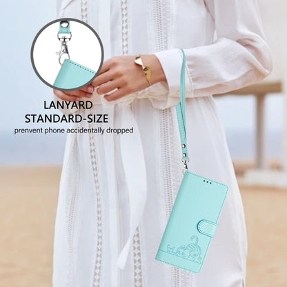 For iPhone SE 2024 Cat Rat Embossed Pattern RFID Leather Phone Case with Lanyard(Mint Green) by bashfashion