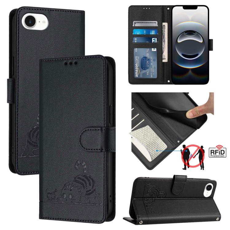 For iPhone SE 2024 Cat Rat Embossed Pattern RFID Leather Phone Case with Lanyard(Black) by bashfashion