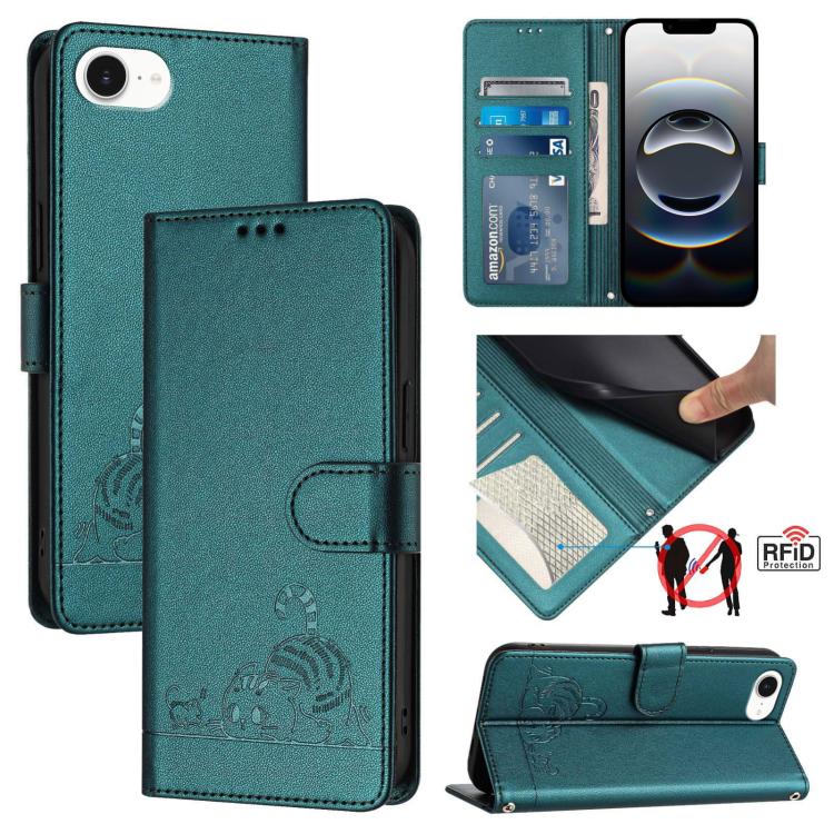 For iPhone SE 2024 Cat Rat Embossed Pattern RFID Leather Phone Case with Lanyard(Peacock Green) by bashfashion