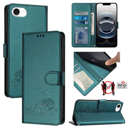 For iPhone SE 2024 Cat Rat Embossed Pattern RFID Leather Phone Case with Lanyard(Peacock Green) by bashfashion
