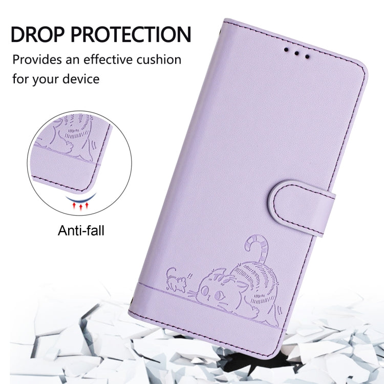 For iPhone SE 2024 Cat Rat Embossed Pattern RFID Leather Phone Case with Lanyard(Purple) by bashfashion