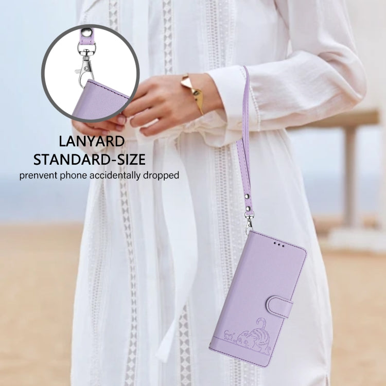 For iPhone SE 2024 Cat Rat Embossed Pattern RFID Leather Phone Case with Lanyard(Purple) by bashfashion