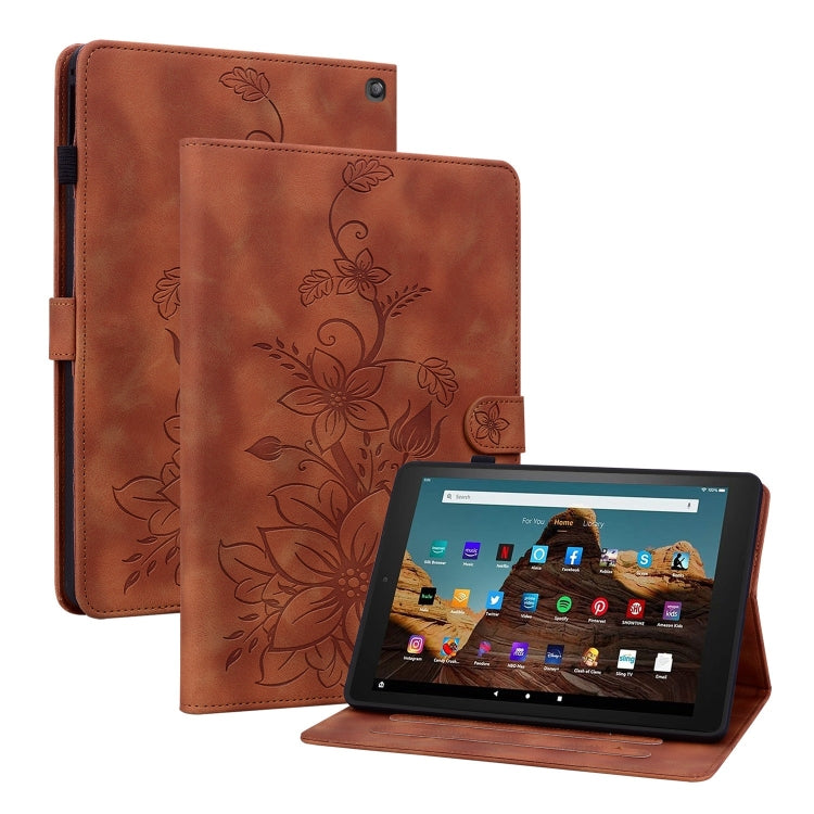 For Amazon Fire HD10 2023 Lily Embossed Leather Tablet Case(Brown) by bashfashion