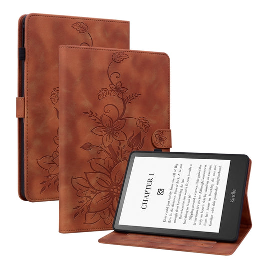 For Amazon Kindle Paperwhite 12th Gen 2024 Lily Embossed Leather Smart Tablet Case(Brown) by bashfashion