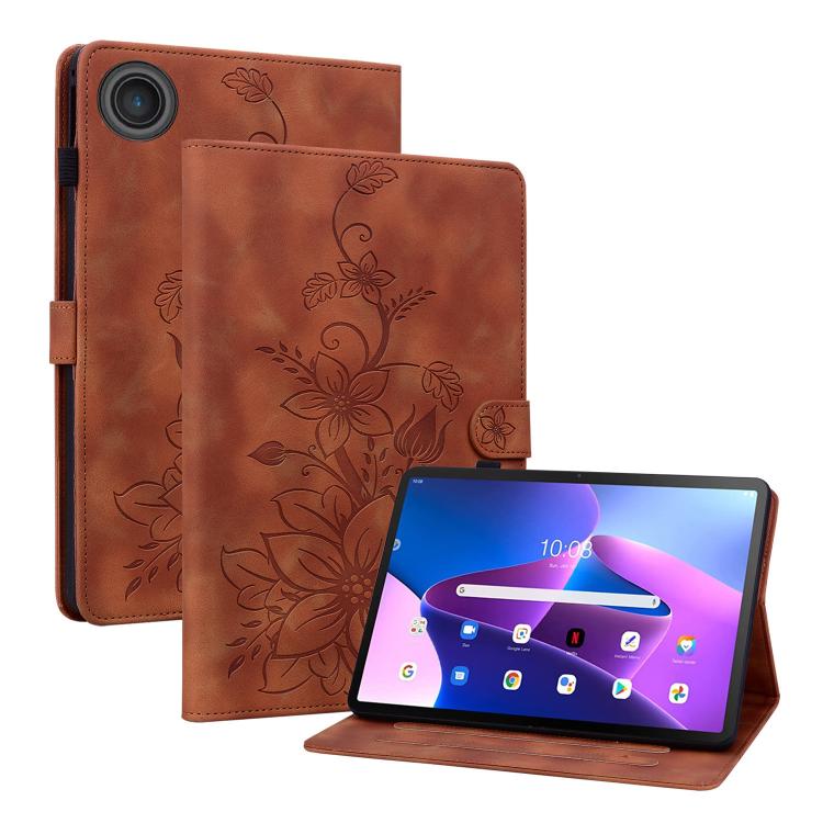 For Lenovo ZhaoYang K10C 10.1 inch Lily Embossed Leather Tablet Case(Brown) by bashfashion
