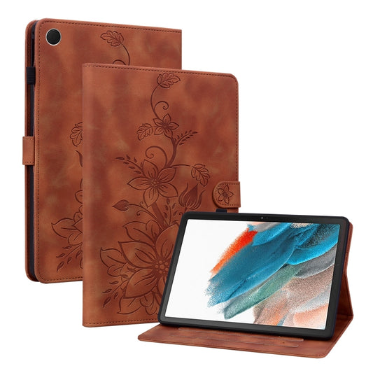 For Samsung Galaxy Tab A8 10.5 2022 Lily Embossed Leather Smart Tablet Case(Brown) by bashfashion