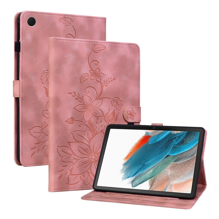 For Samsung Galaxy Tab A8 10.5 2022 Lily Embossed Leather Smart Tablet Case(Pink) by bashfashion
