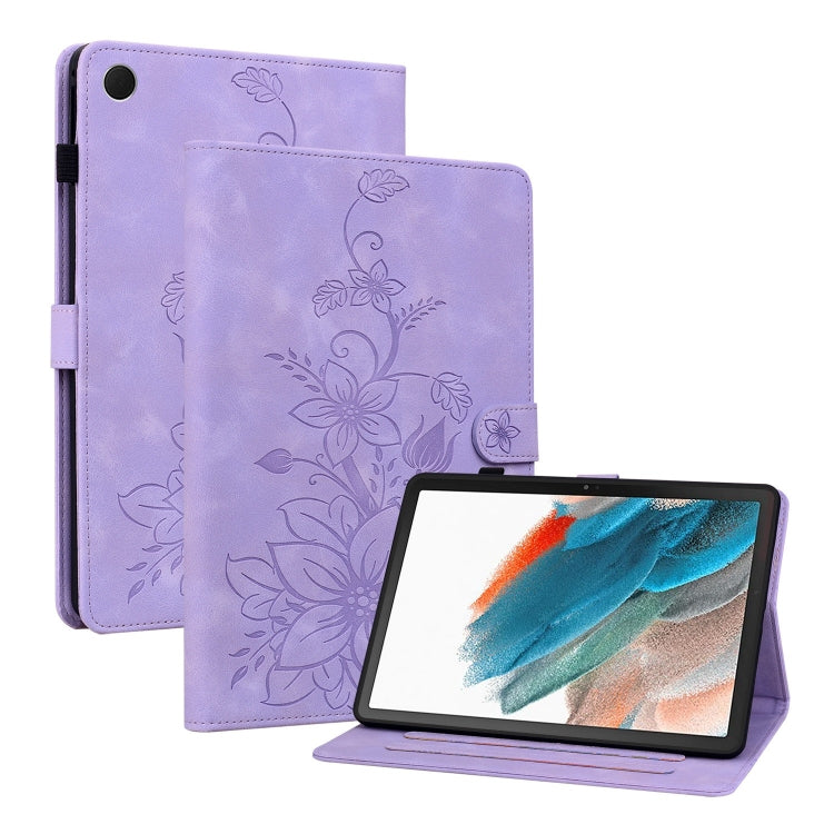 For Samsung Galaxy Tab A8 10.5 2022 Lily Embossed Leather Smart Tablet Case(Purple) by bashfashion