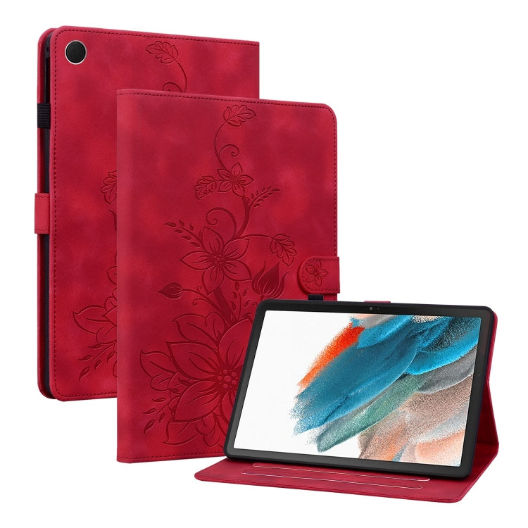 For Samsung Galaxy Tab A8 10.5 2022 Lily Embossed Leather Smart Tablet Case(Red) by bashfashion