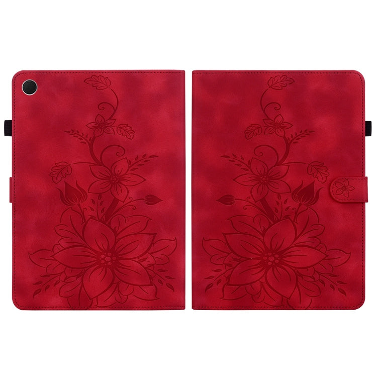 For Samsung Galaxy Tab A8 10.5 2022 Lily Embossed Leather Smart Tablet Case(Red) by bashfashion