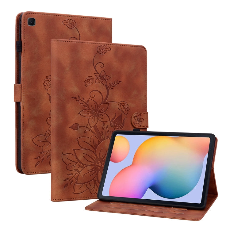For Samsung Galaxy Tab S6 Lite Lily Embossed Leather Smart Tablet Case(Brown) by bashfashion