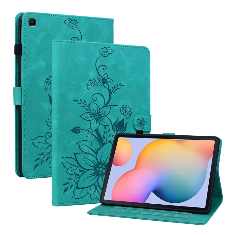 For Samsung Galaxy Tab S6 Lite Lily Embossed Leather Smart Tablet Case(Green) by bashfashion