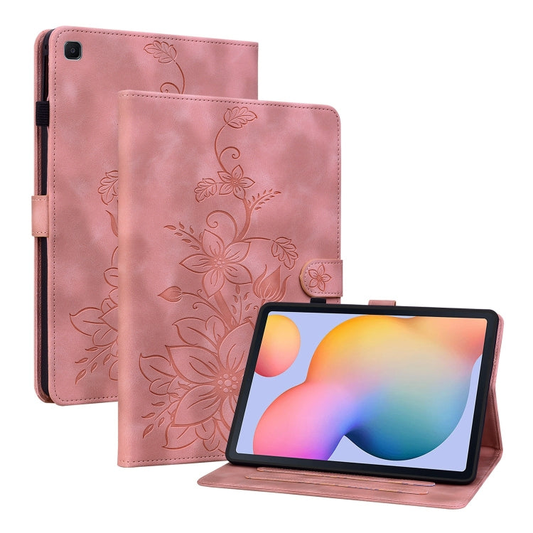 For Samsung Galaxy Tab S6 Lite Lily Embossed Leather Smart Tablet Case(Pink) by bashfashion