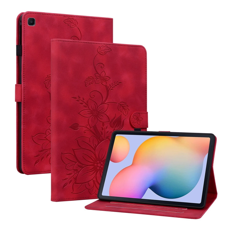 For Samsung Galaxy Tab S6 Lite Lily Embossed Leather Smart Tablet Case(Red) by bashfashion