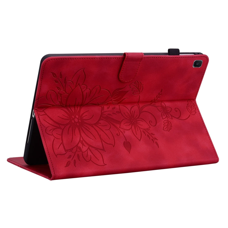 For Samsung Galaxy Tab S6 Lite Lily Embossed Leather Smart Tablet Case(Red) by bashfashion
