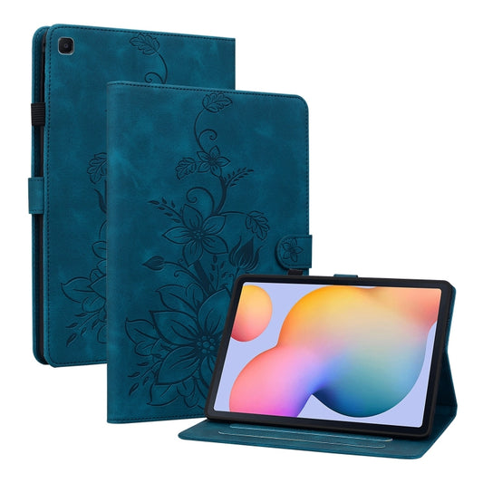 For Samsung Galaxy Tab S6 Lite Lily Embossed Leather Smart Tablet Case(Dark Blue) by bashfashion