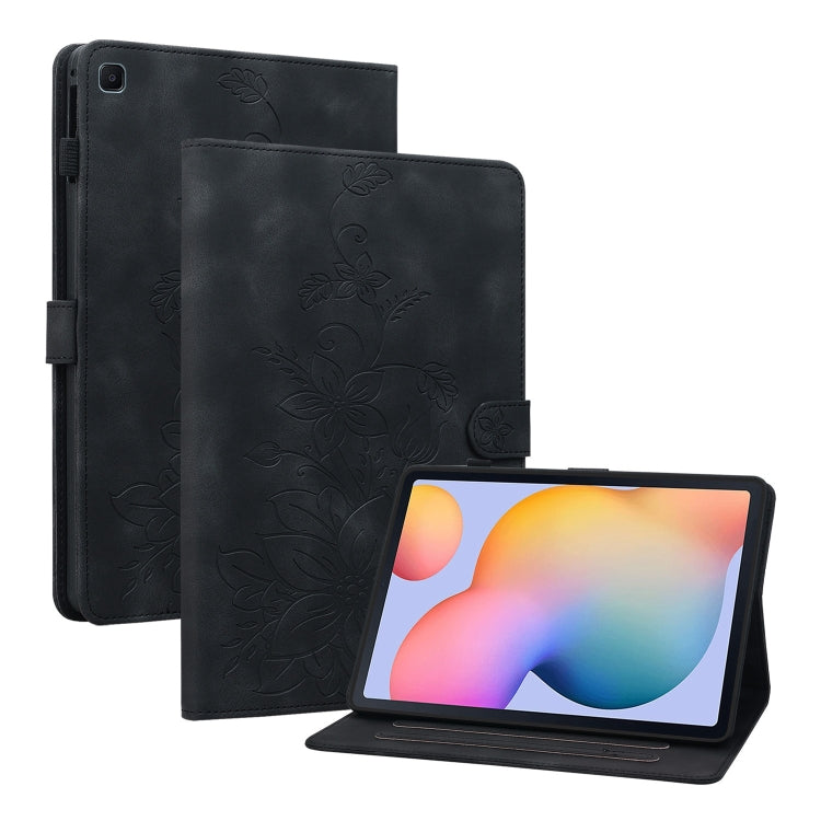 For Samsung Galaxy Tab S6 Lite Lily Embossed Leather Smart Tablet Case(Black) by bashfashion