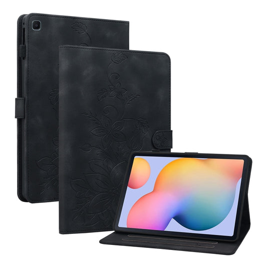 For Samsung Galaxy Tab S6 Lite Lily Embossed Leather Smart Tablet Case(Black) by bashfashion