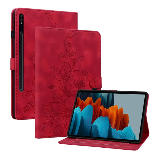 For Samsung Galaxy Tab S7 FE/S8+/S7+ Lily Embossed Leather Tablet Case(Red) by bashfashion
