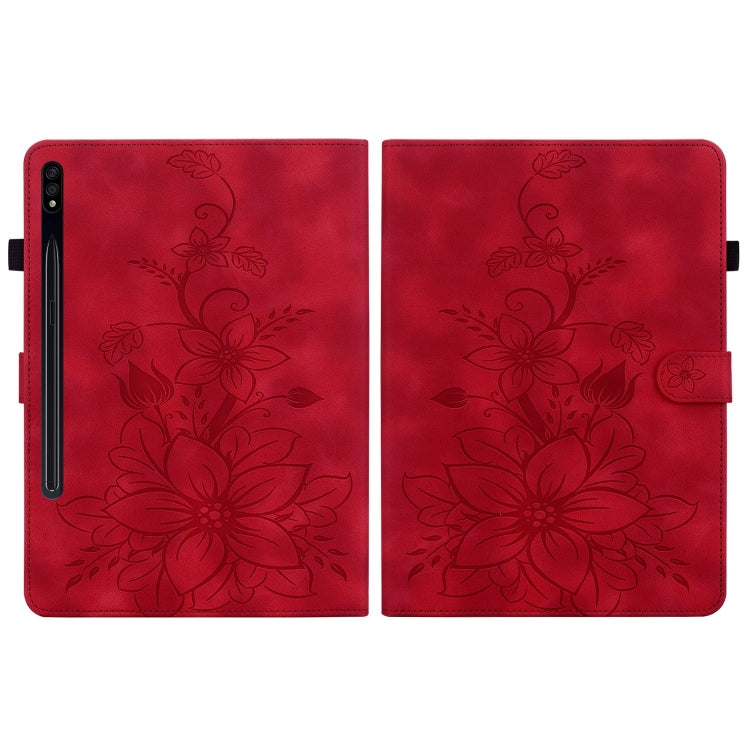 For Samsung Galaxy Tab S7 FE/S8+/S7+ Lily Embossed Leather Tablet Case(Red) by bashfashion