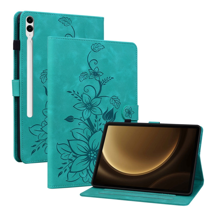 For Samsung Galaxy Tab S9+ / S9 FE+ Lily Embossed Leather Tablet Case(Green) by bashfashion
