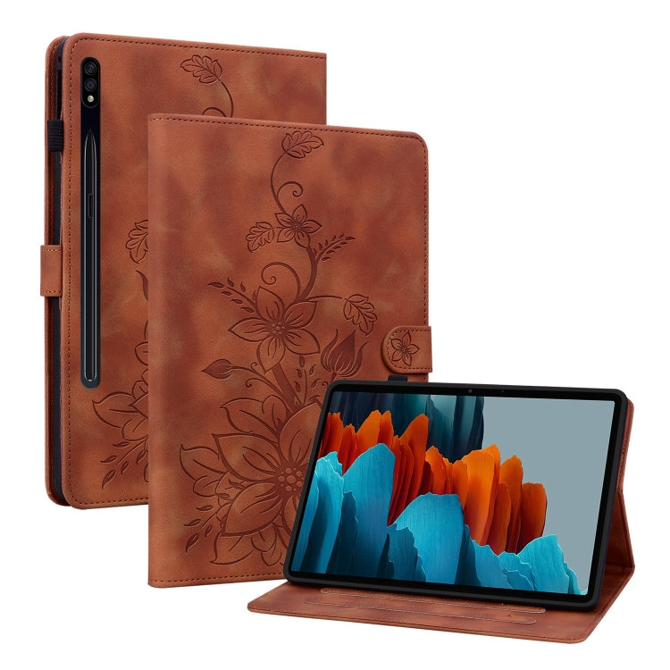 For Samsung Galaxy Tab S7 / S8 Lily Embossed Leather Tablet Case(Brown) by bashfashion