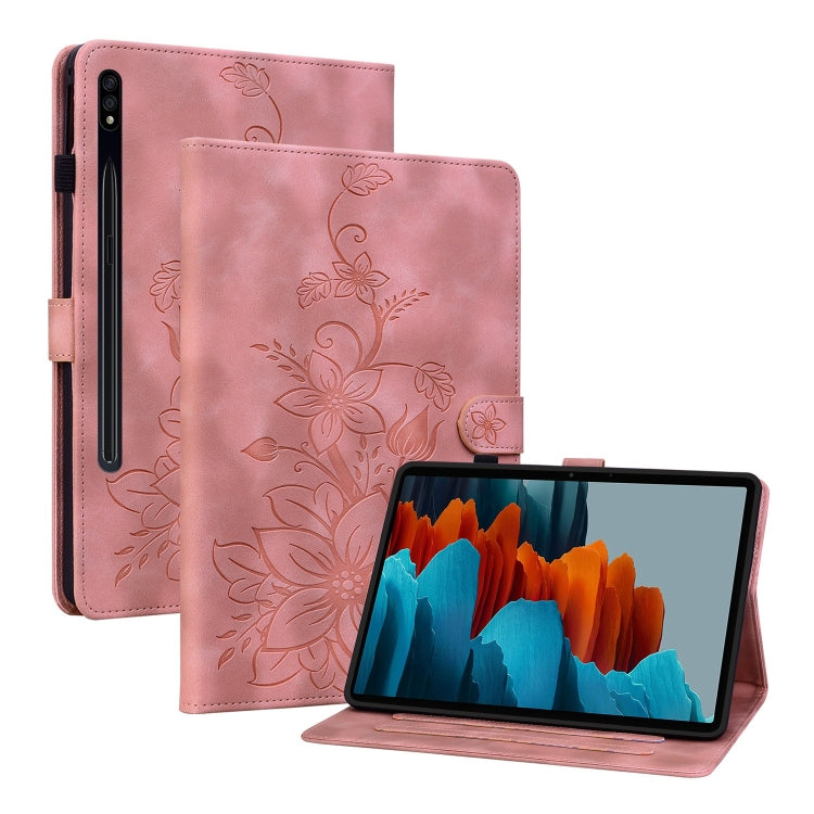 For Samsung Galaxy Tab S7 / S8 Lily Embossed Leather Tablet Case(Pink) by bashfashion