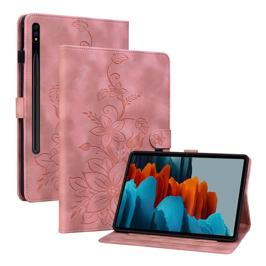 For Samsung Galaxy Tab S7 / S8 Lily Embossed Leather Tablet Case(Pink) by bashfashion
