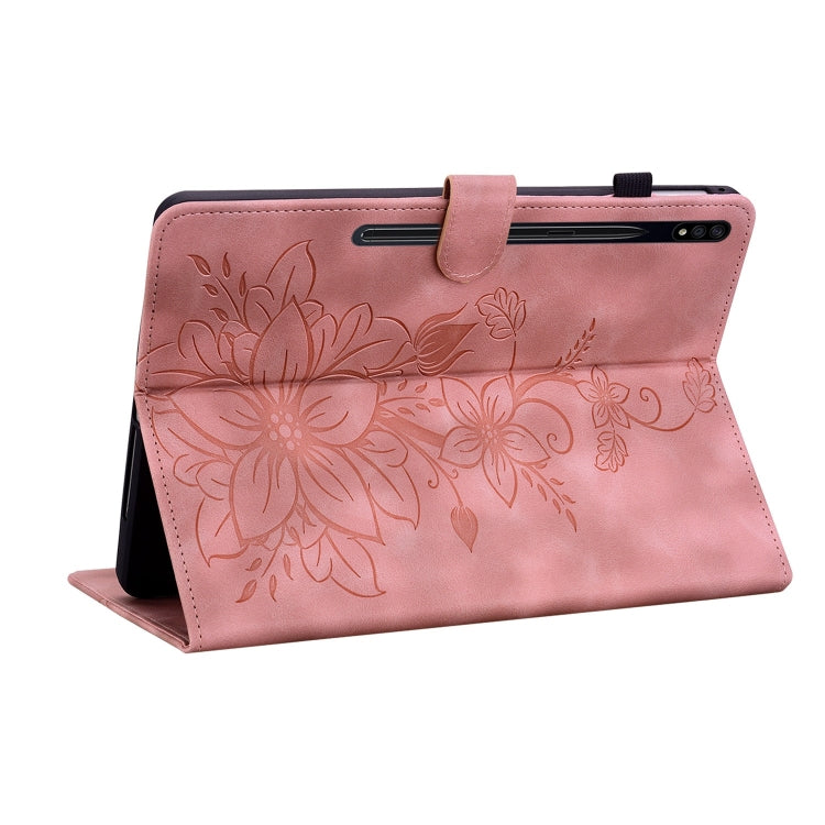 For Samsung Galaxy Tab S7 / S8 Lily Embossed Leather Tablet Case(Pink) by bashfashion