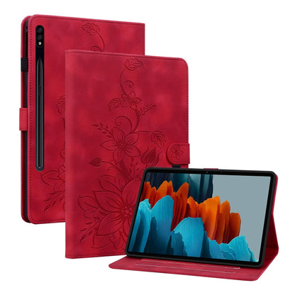 For Samsung Galaxy Tab S7 / S8 Lily Embossed Leather Tablet Case(Red) by bashfashion