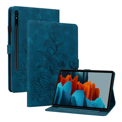 For Samsung Galaxy Tab S7 / S8 Lily Embossed Leather Tablet Case(Dark Blue) by bashfashion