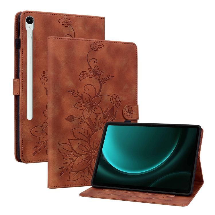 For Samsung Galaxy Tab S9 / S9 FE Lily Embossed Leather Tablet Case(Brown) by bashfashion