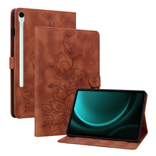 For Samsung Galaxy Tab S9 / S9 FE Lily Embossed Leather Tablet Case(Brown) by bashfashion