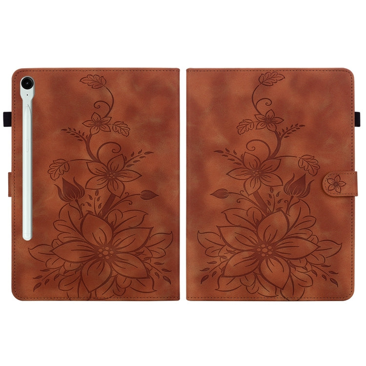 For Samsung Galaxy Tab S9 / S9 FE Lily Embossed Leather Tablet Case(Brown) by bashfashion
