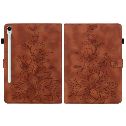 For Samsung Galaxy Tab S9 / S9 FE Lily Embossed Leather Tablet Case(Brown) by bashfashion