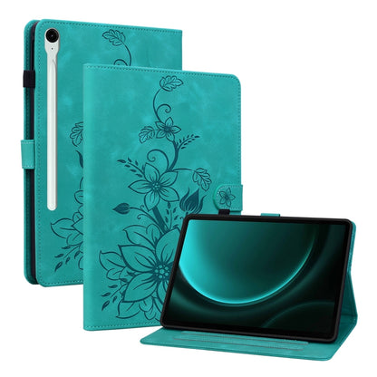 For Samsung Galaxy Tab S9 / S9 FE Lily Embossed Leather Tablet Case(Green) by bashfashion
